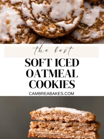 iced oatmeal cookies on a baking tray.