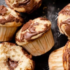 banana nutella muffin with nutella swirled into the top.