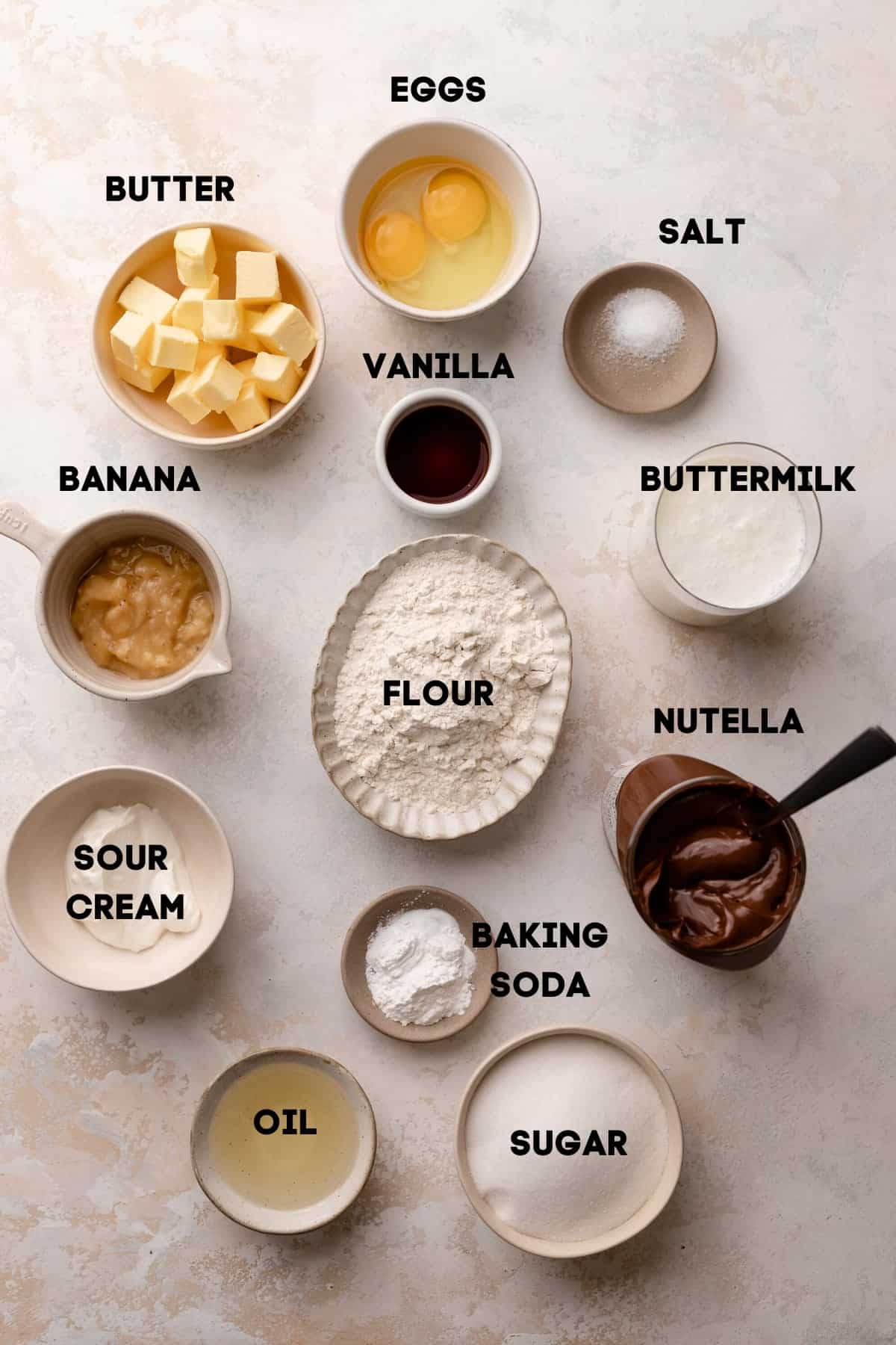 ingredients needed to make banana nutella muffins.