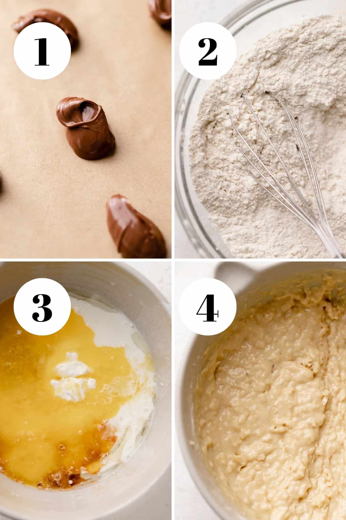 a process collage of the steps for making muffin batter.