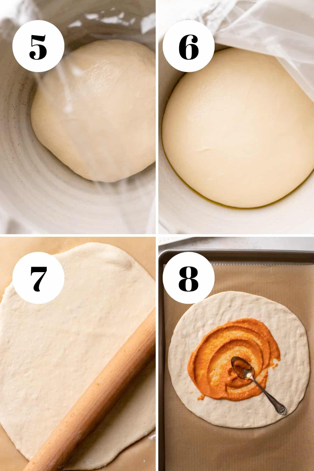 a process collage of the steps for rolling out homemade pizza dough.