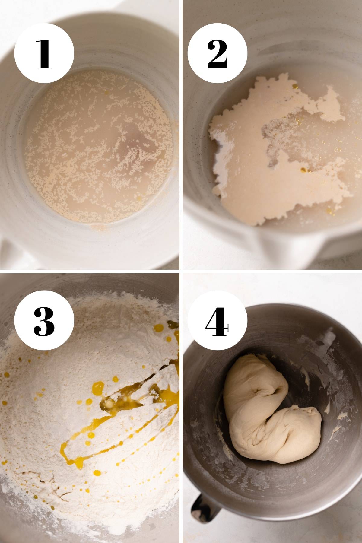 a process collage of the steps for making chewy pizza dough.