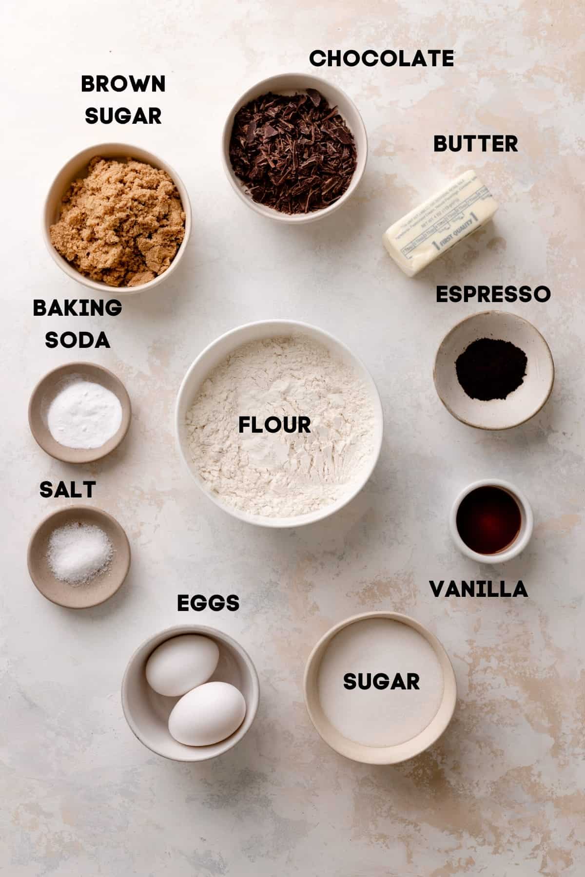 ingredients needed to make espresso chocolate chip cookies.