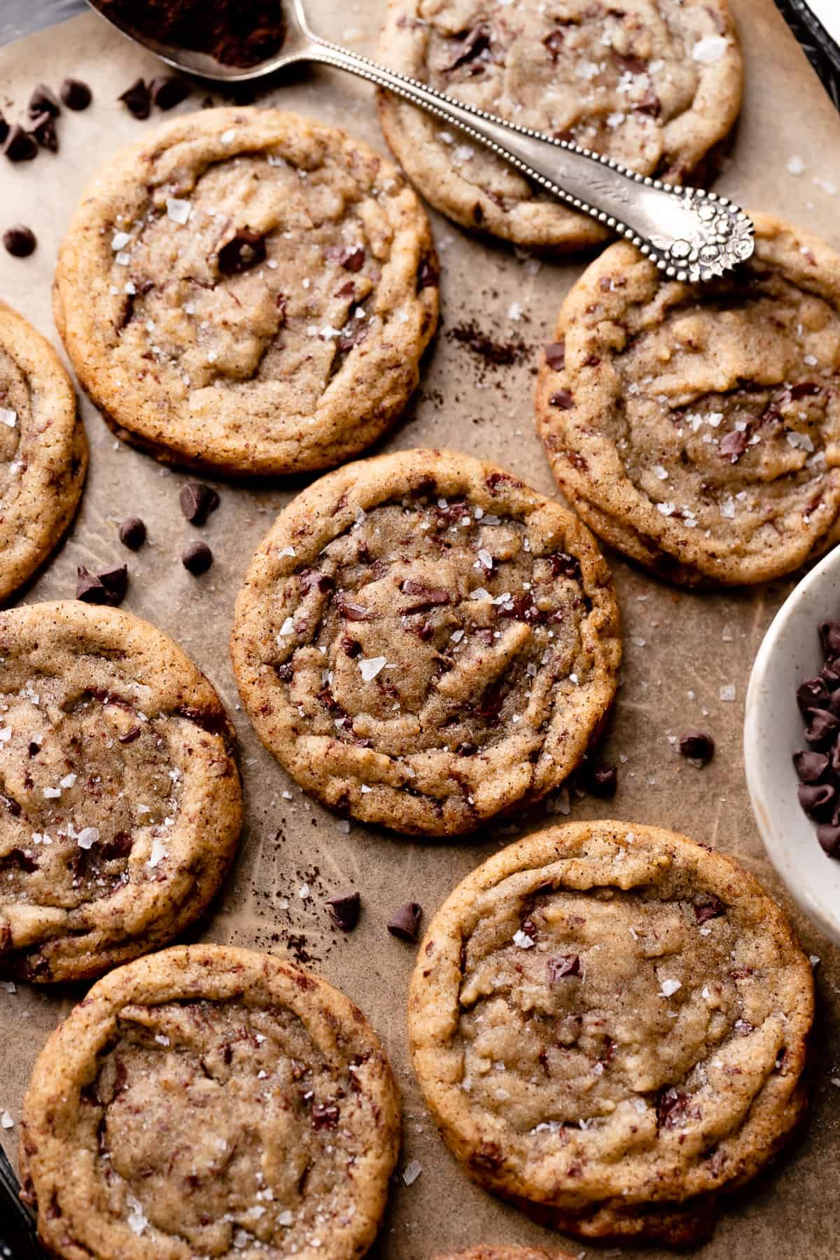 espresso chocolate chip cookies topped with flaky sea salt.