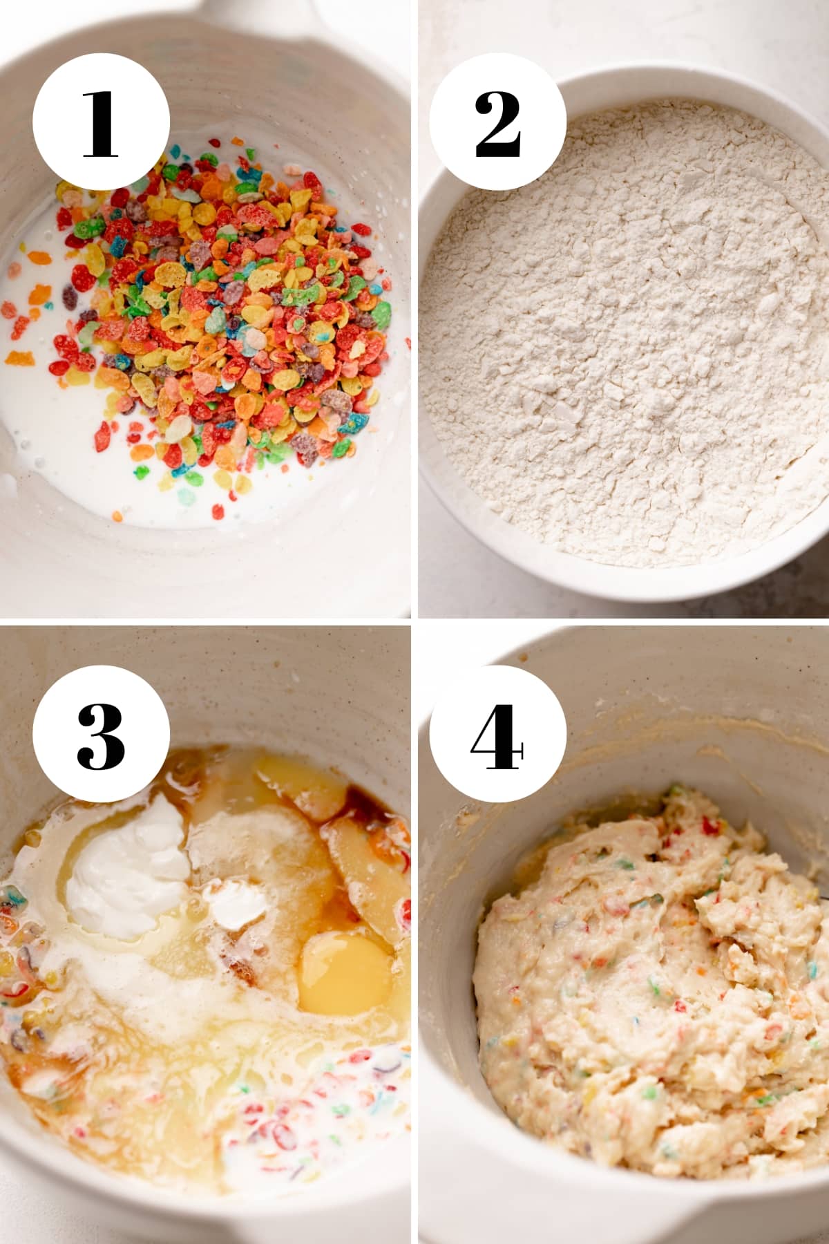 a process collage of making the fruity pebble donut batter.