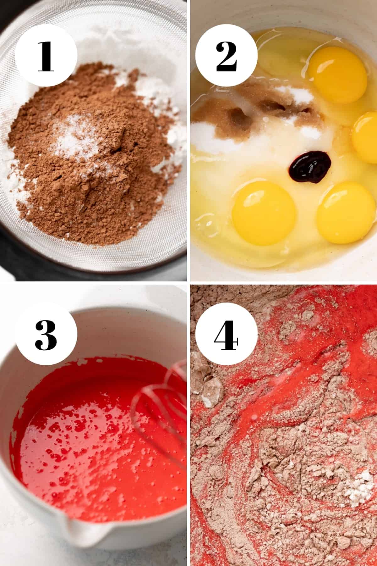 a process collage of the steps for making red brownies.