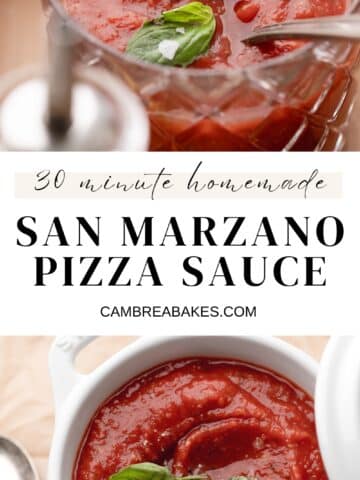 san marzano pizza sauce in a white baking dish.