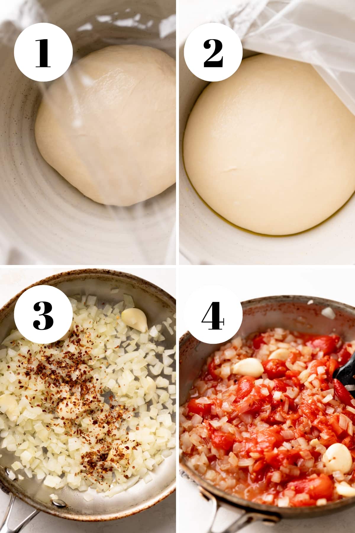 a process collage of the steps for making homemade vodka sauce and pizza dough.