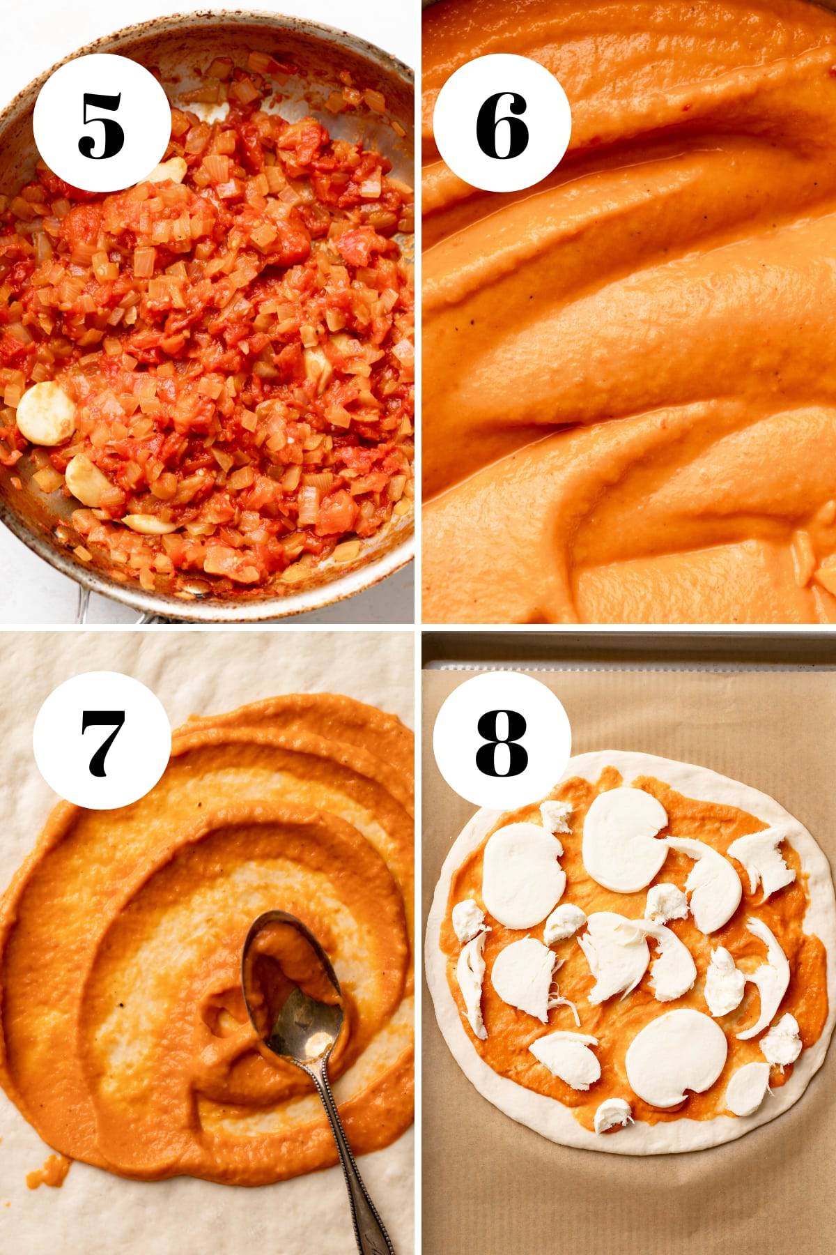 a process collage of the steps for making vodka sauce pizza.