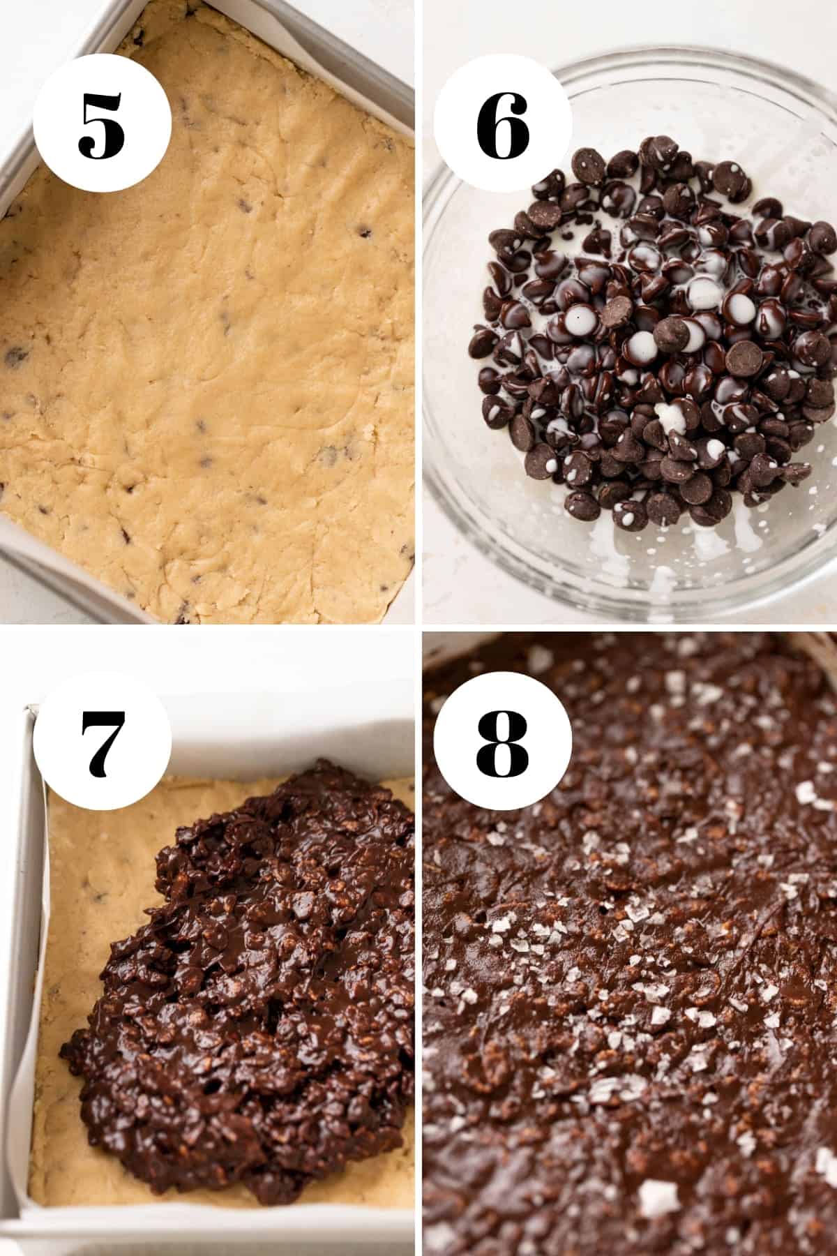 a process collage of the steps for making edible cookie dough bars.