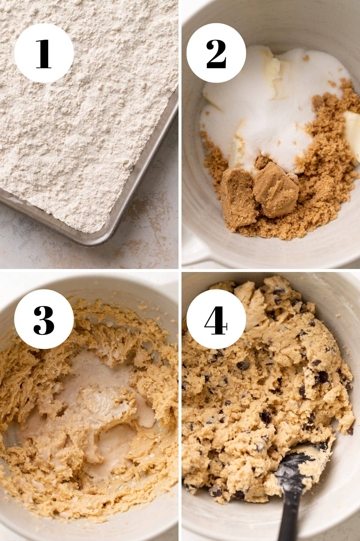 a process collage of the steps for making edible chocolate chip cookie dough.