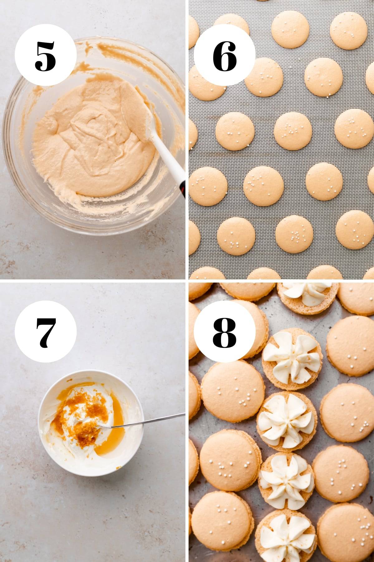a process collage of the steps for making orange macarons.