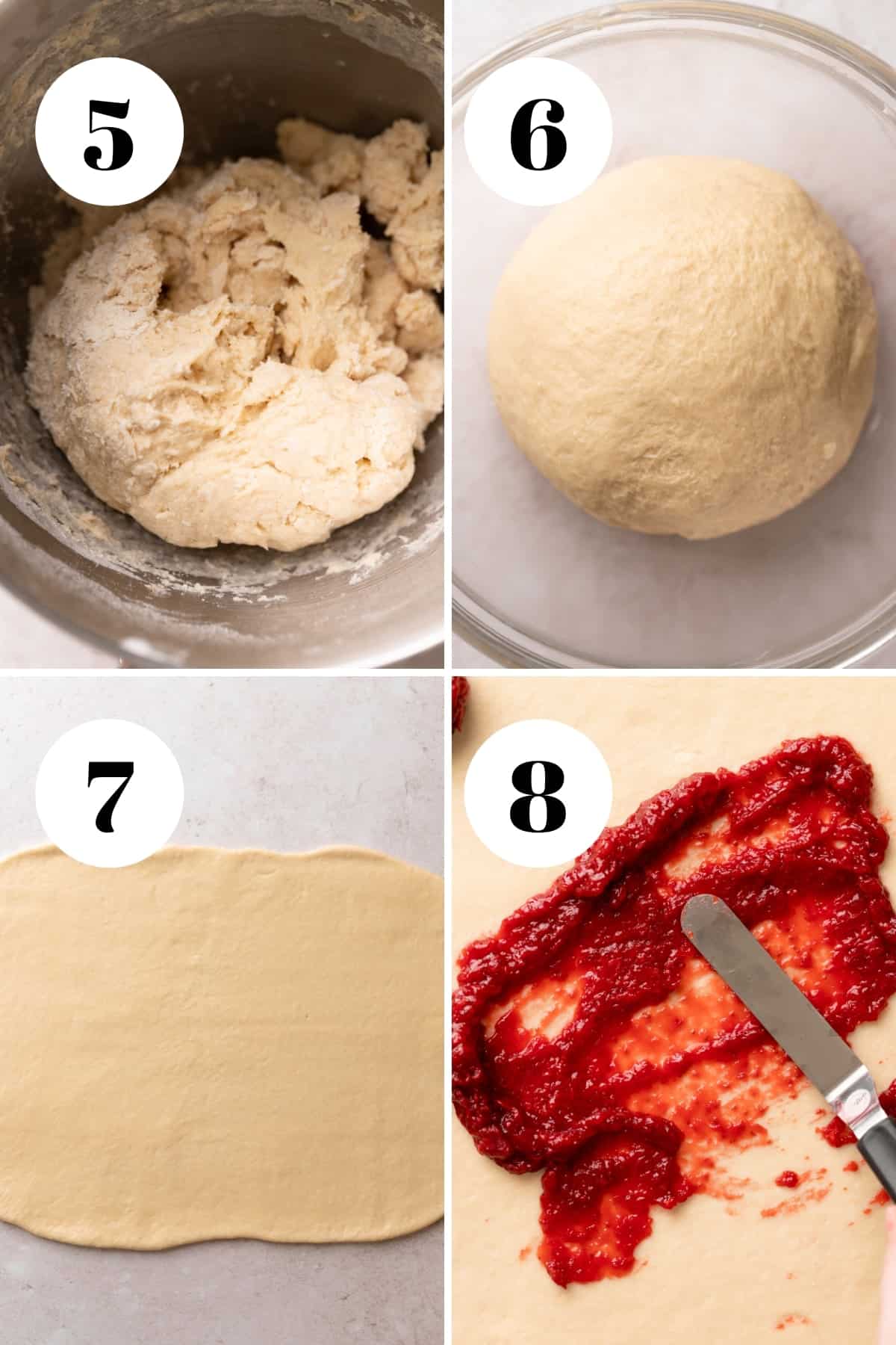 a process collage of the steps for making strawberry rolls.