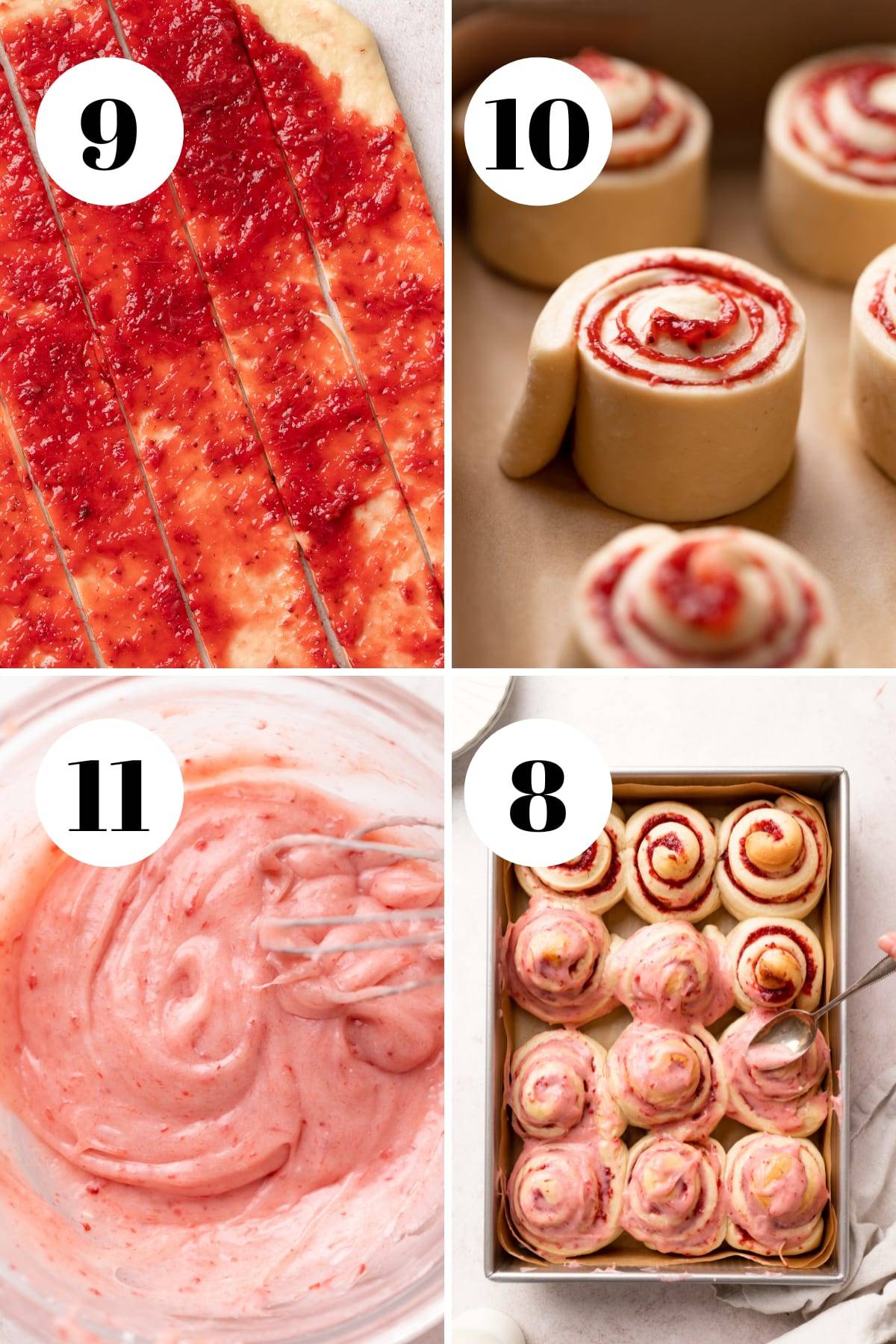 a process collage of the steps for making cinnamon rolls.