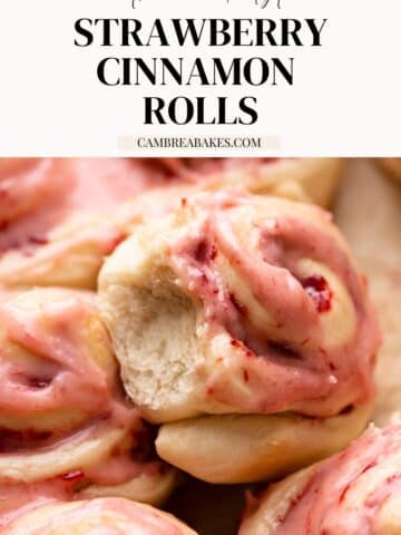 strawberry cinnamon roll in a baking pan.