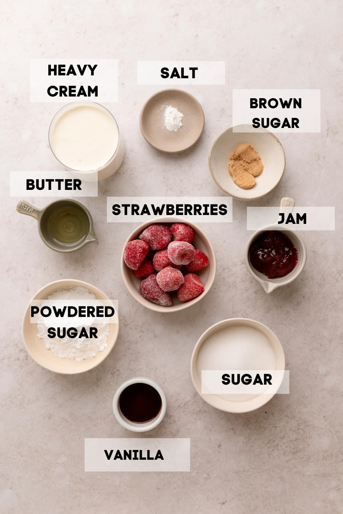 ingredients needed to make strawberry whipped cream and crumble pieces.