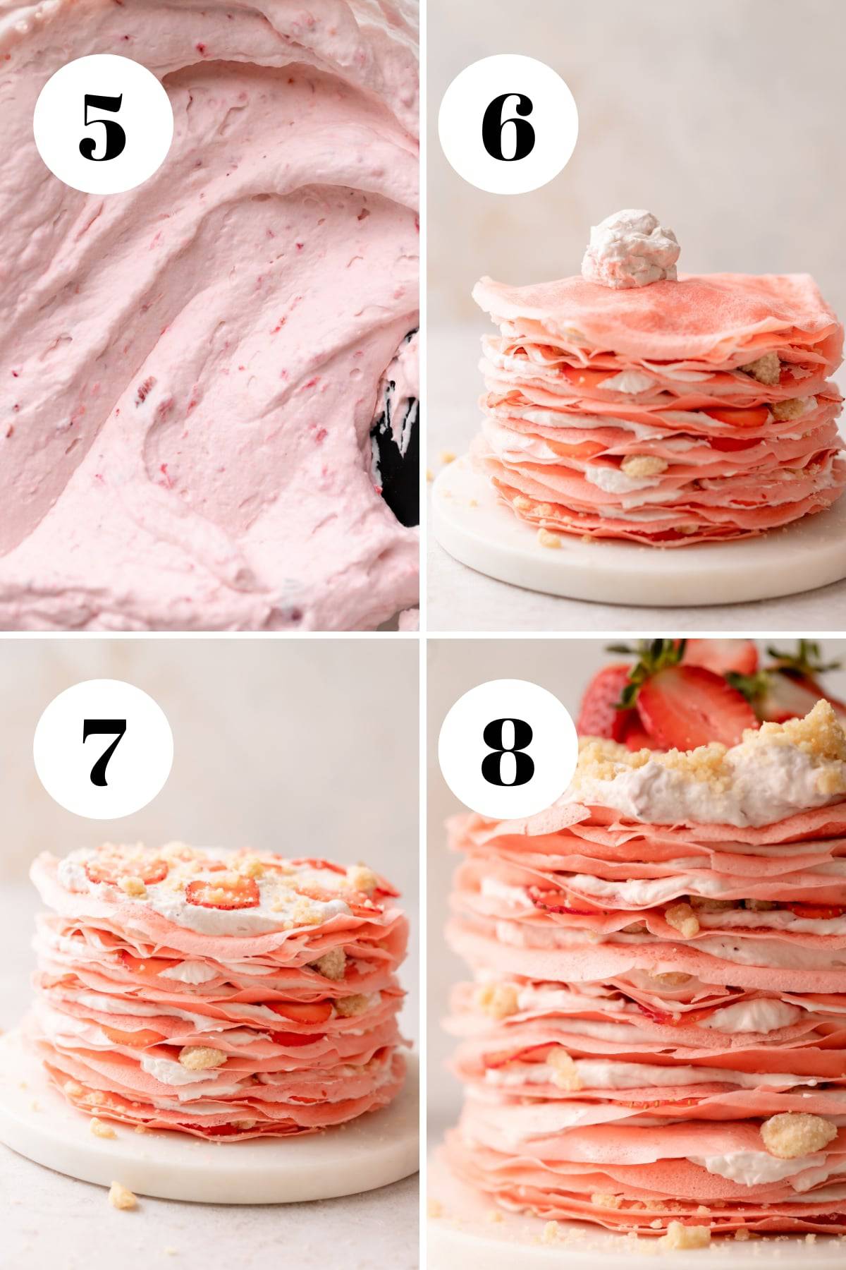 a process collage of assembling strawberry crepe cake.