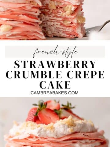 crepe cake topped with strawberries and whipped cream for pinterest.