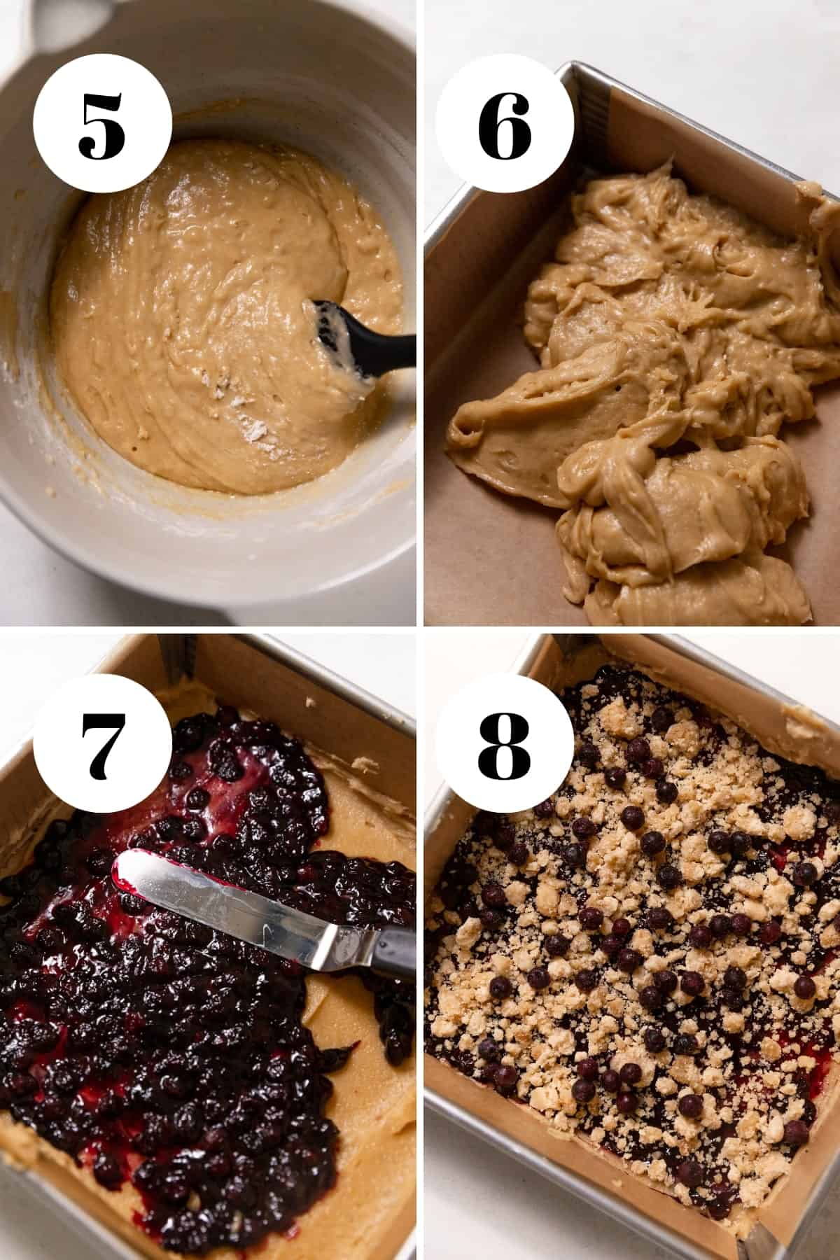 a process collage of the steps for making blueberry blondies.