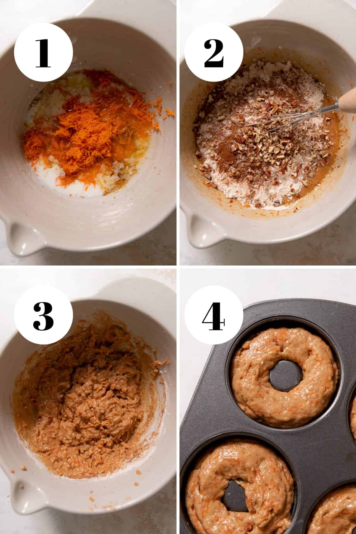 a process collage of the steps for making carrot cake donuts.
