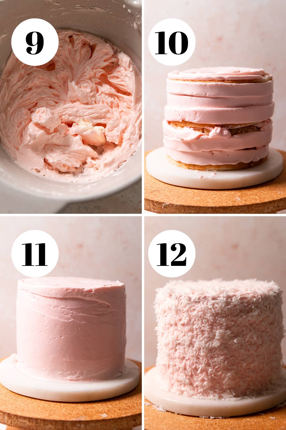 a process collage of the steps for decorating the easter coconut cake.