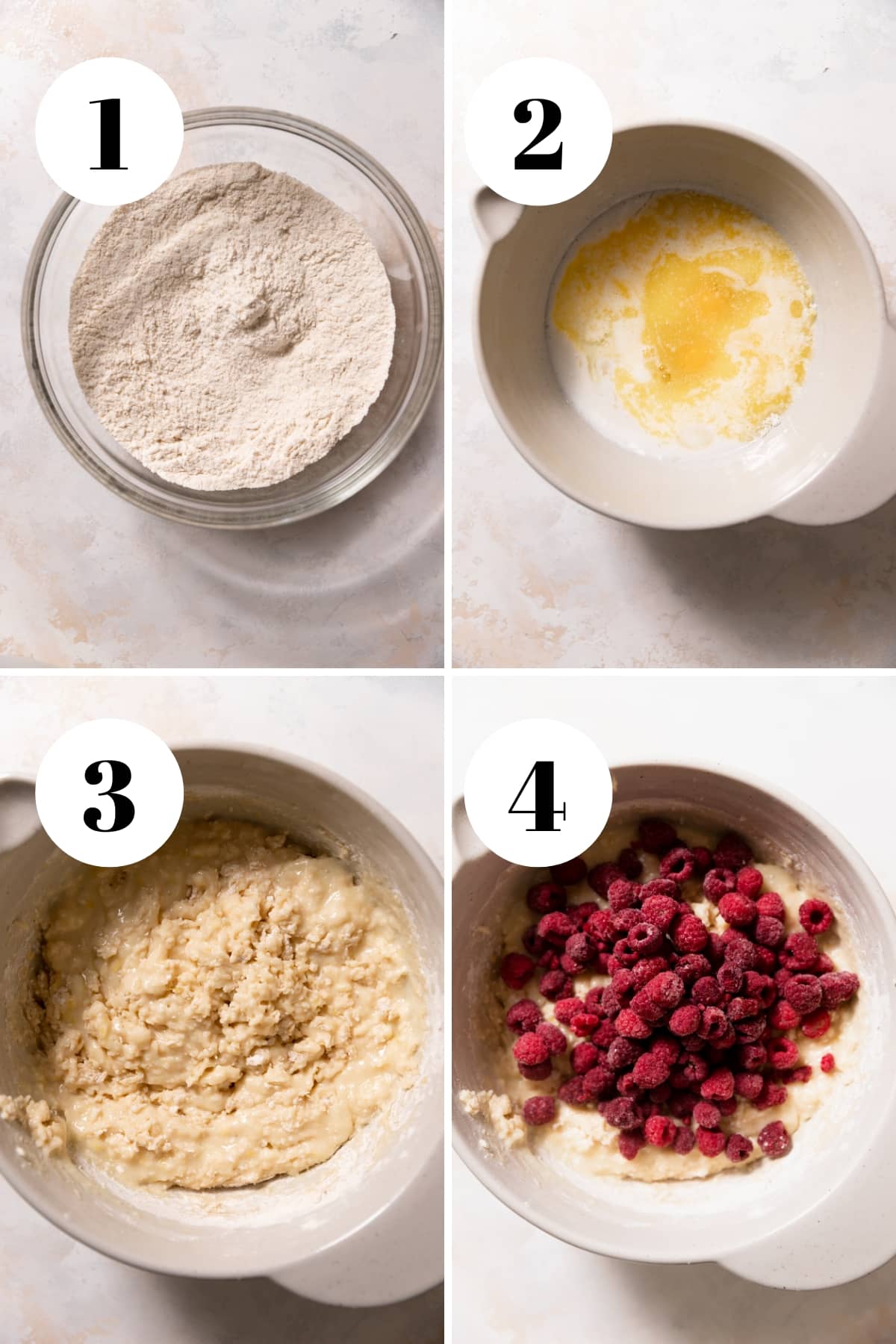 a process collage of the steps for making lemon raspberry muffins.