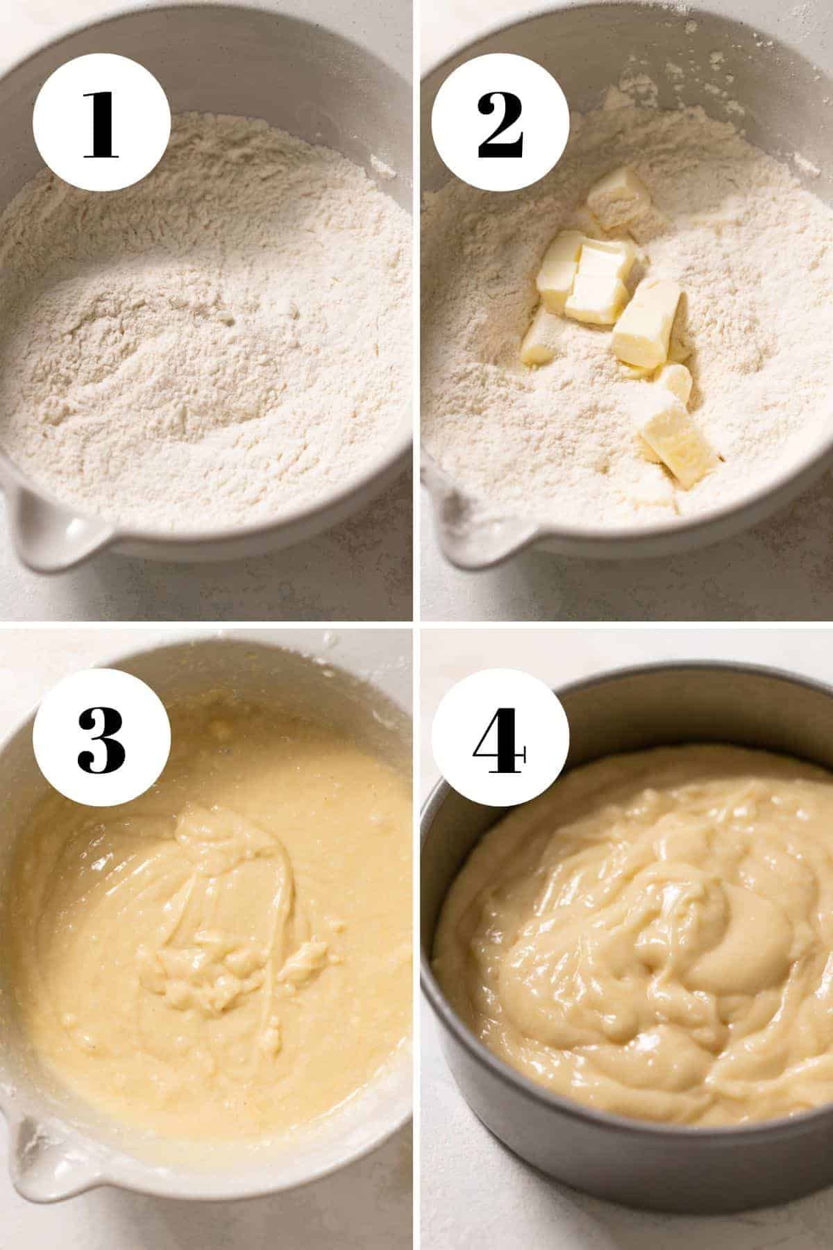 a process collage of the steps for making a champagne cake.