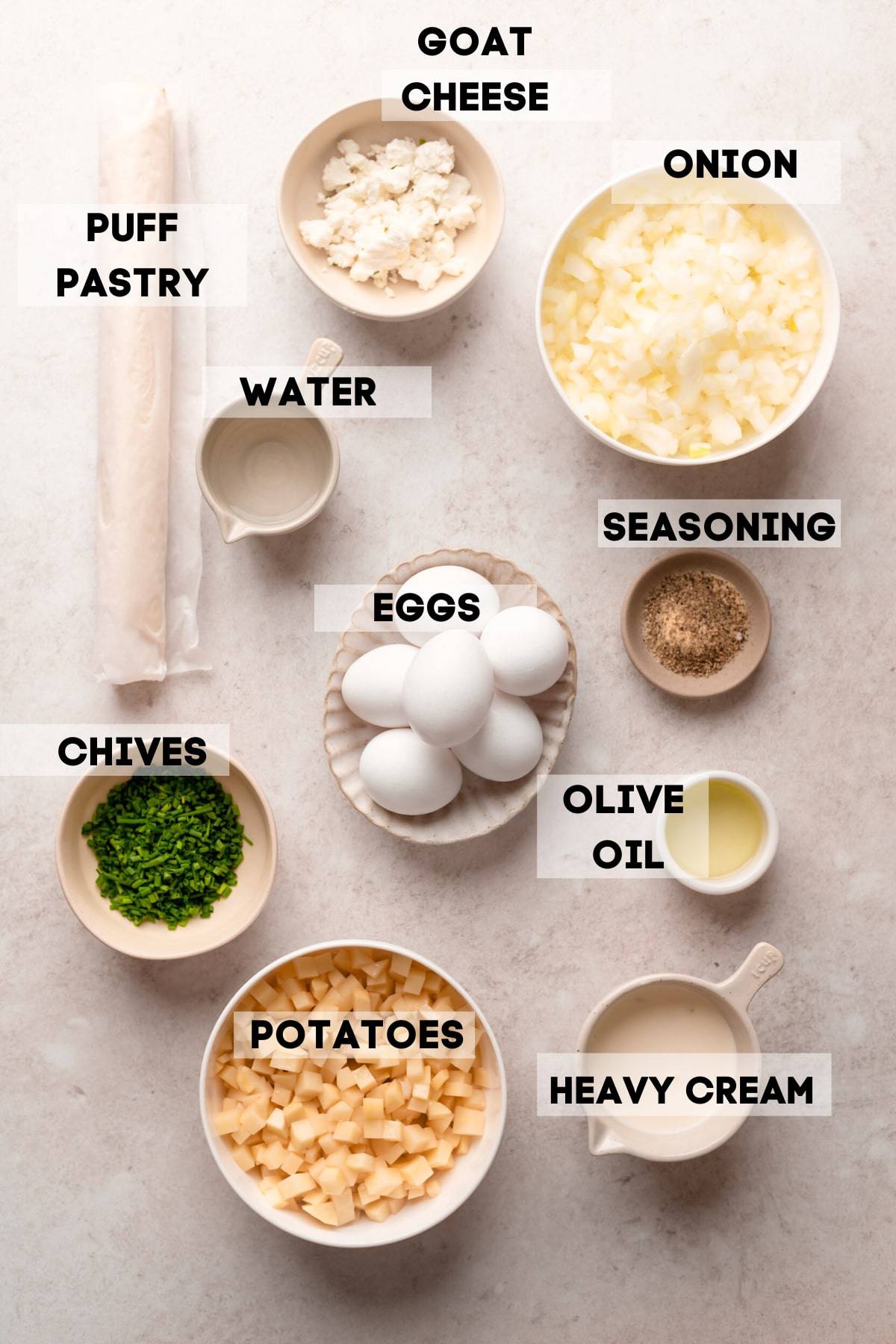 ingredients needed to make a quiche with puff pastry.
