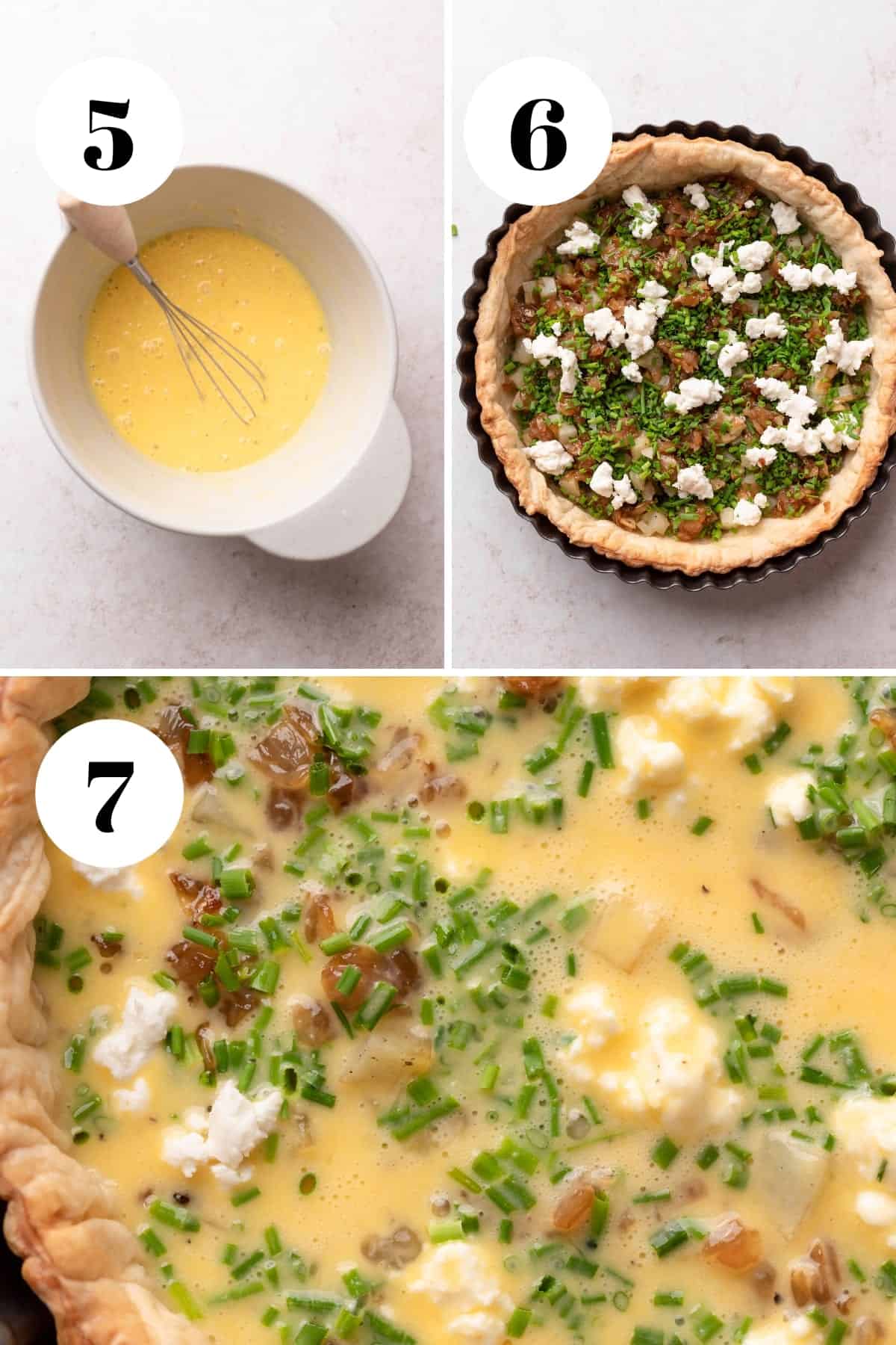 a process collage of the steps for making quiche.