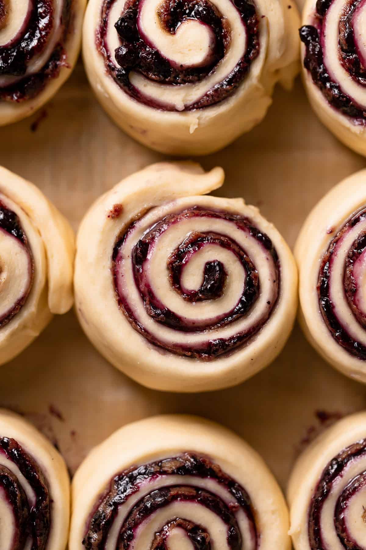 blueberry cinnamon rolls in a pan before baking.
