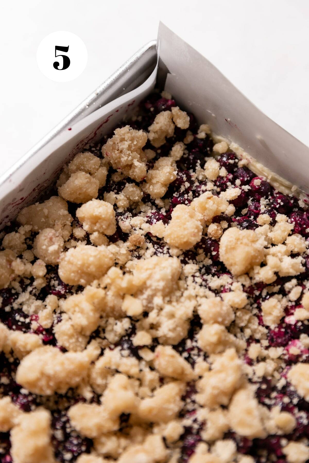 blueberry crumb cake in a pan before baking.
