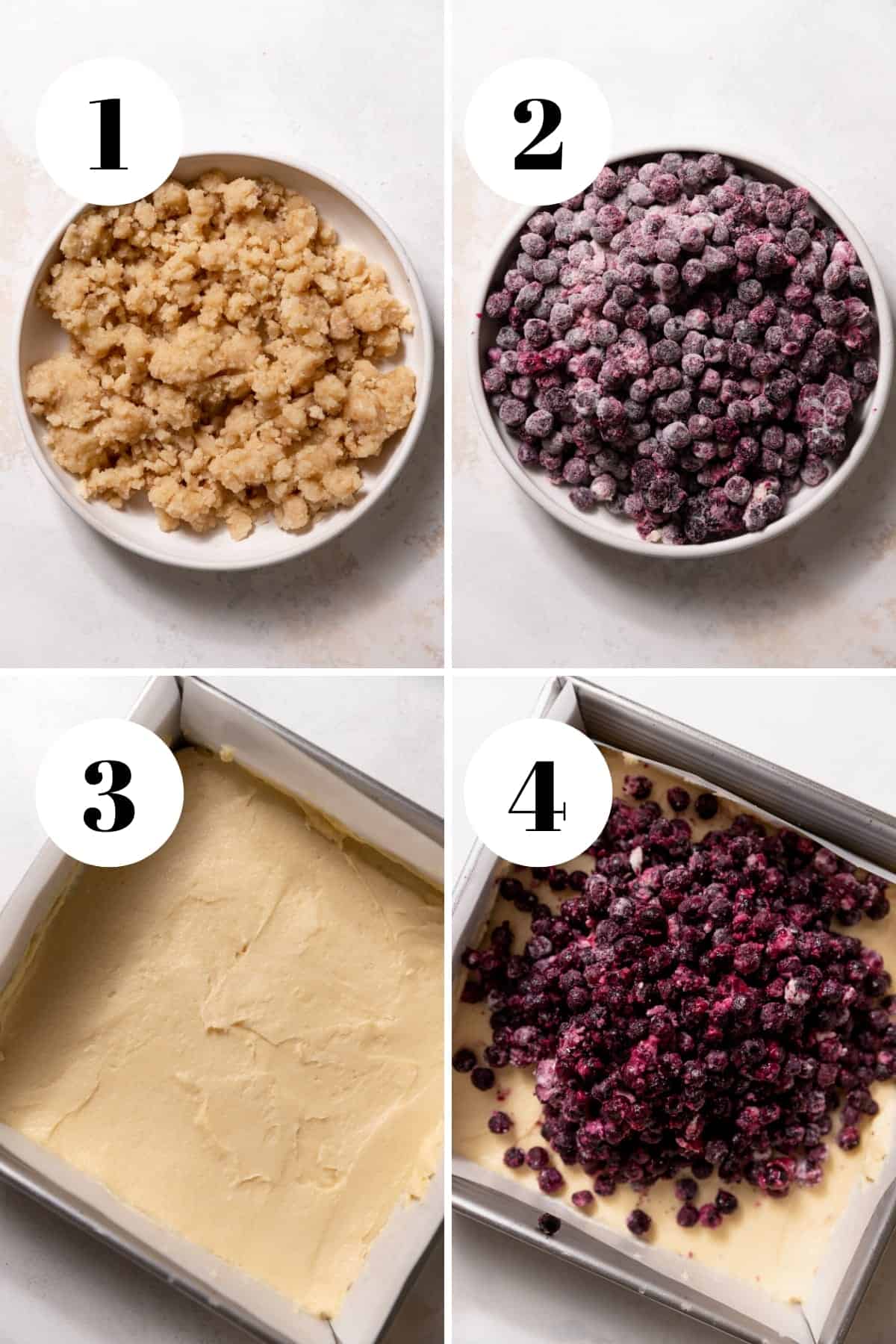a process collage for making blueberry crumble cake.