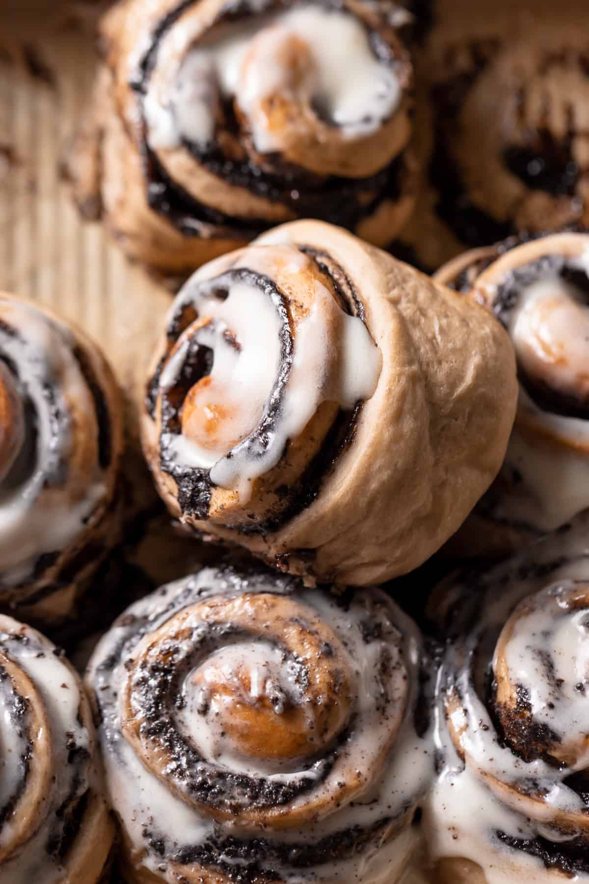 cookies and cream cinnamon rolls with cream cheese icing.
