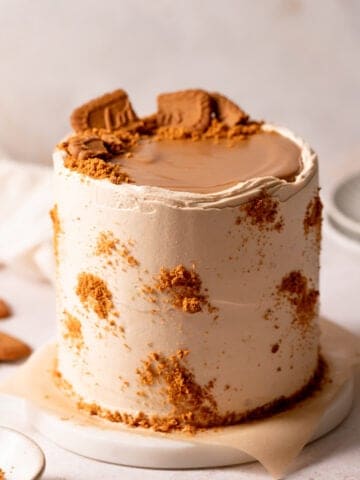 cookie butter cake with cookie butter on top.