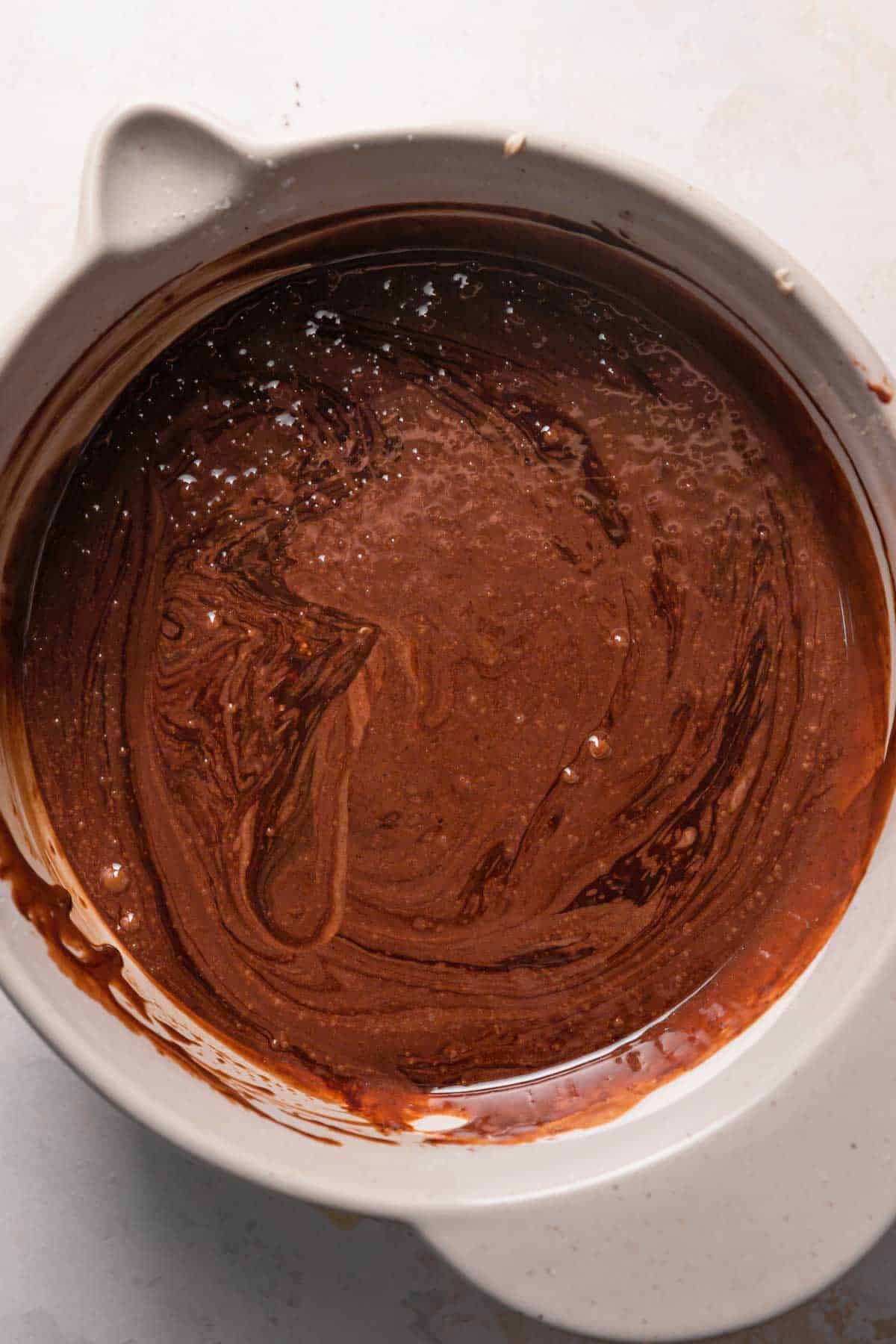 chocolate cake batter in a mixing bowl.