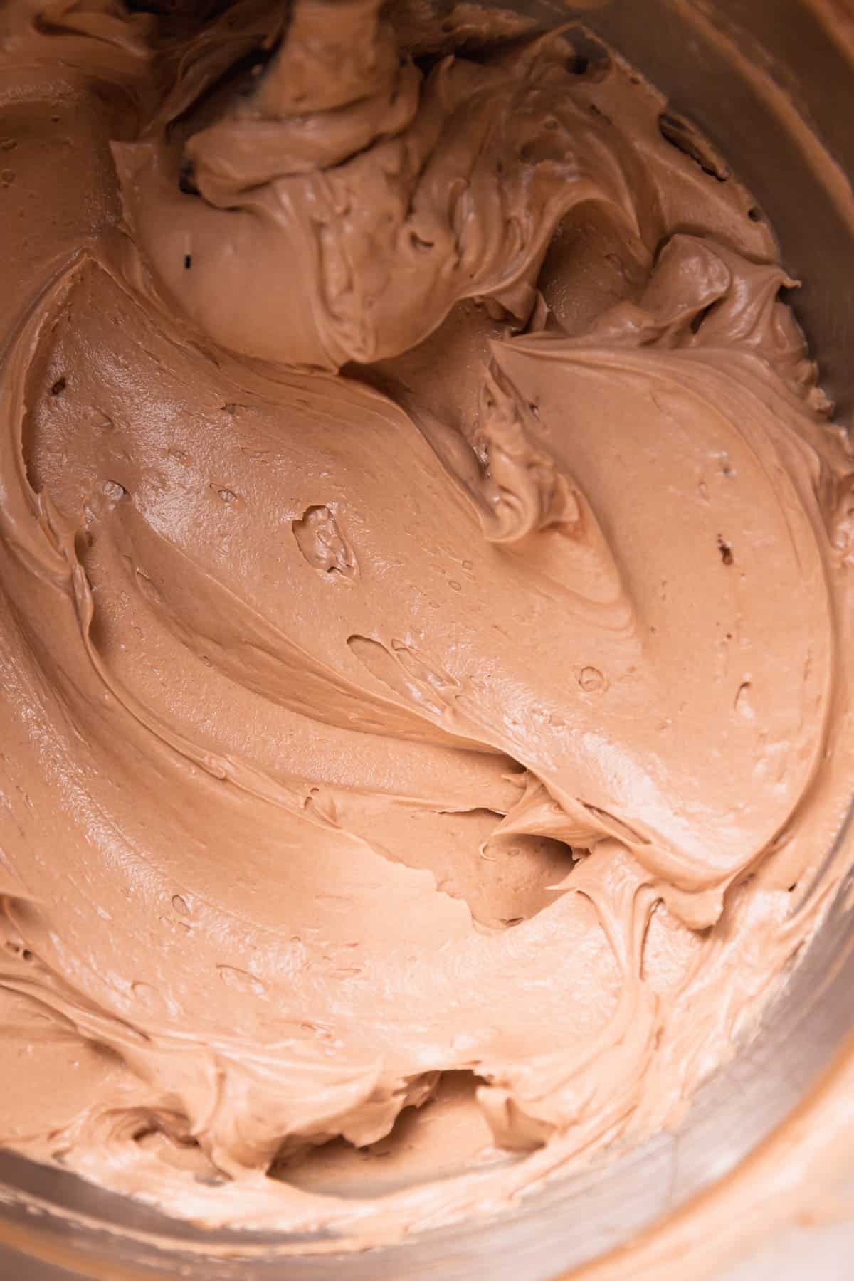 chocolate coffee buttercream in a mixing bowl.