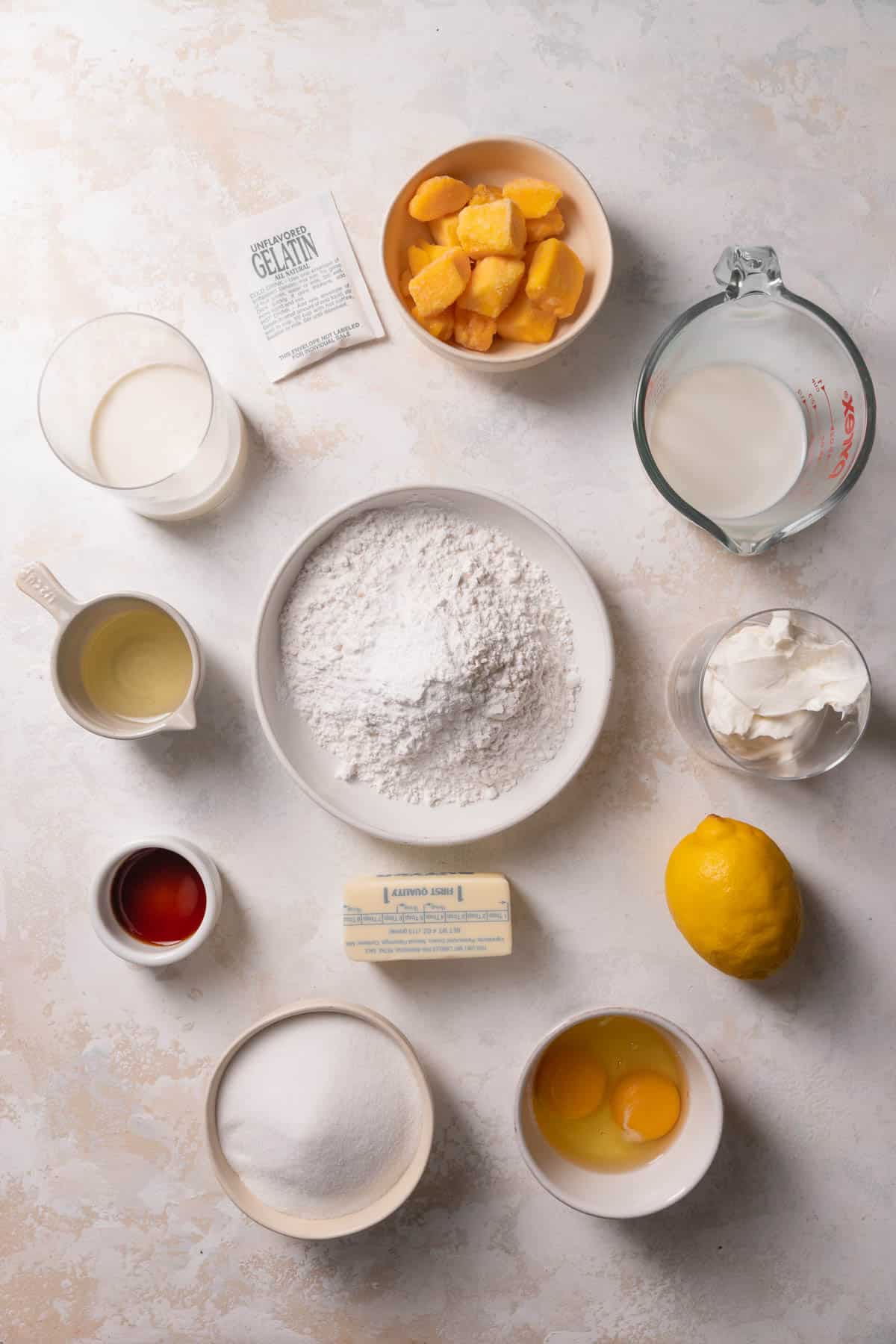 ingredients needed to make mango mousse cake.