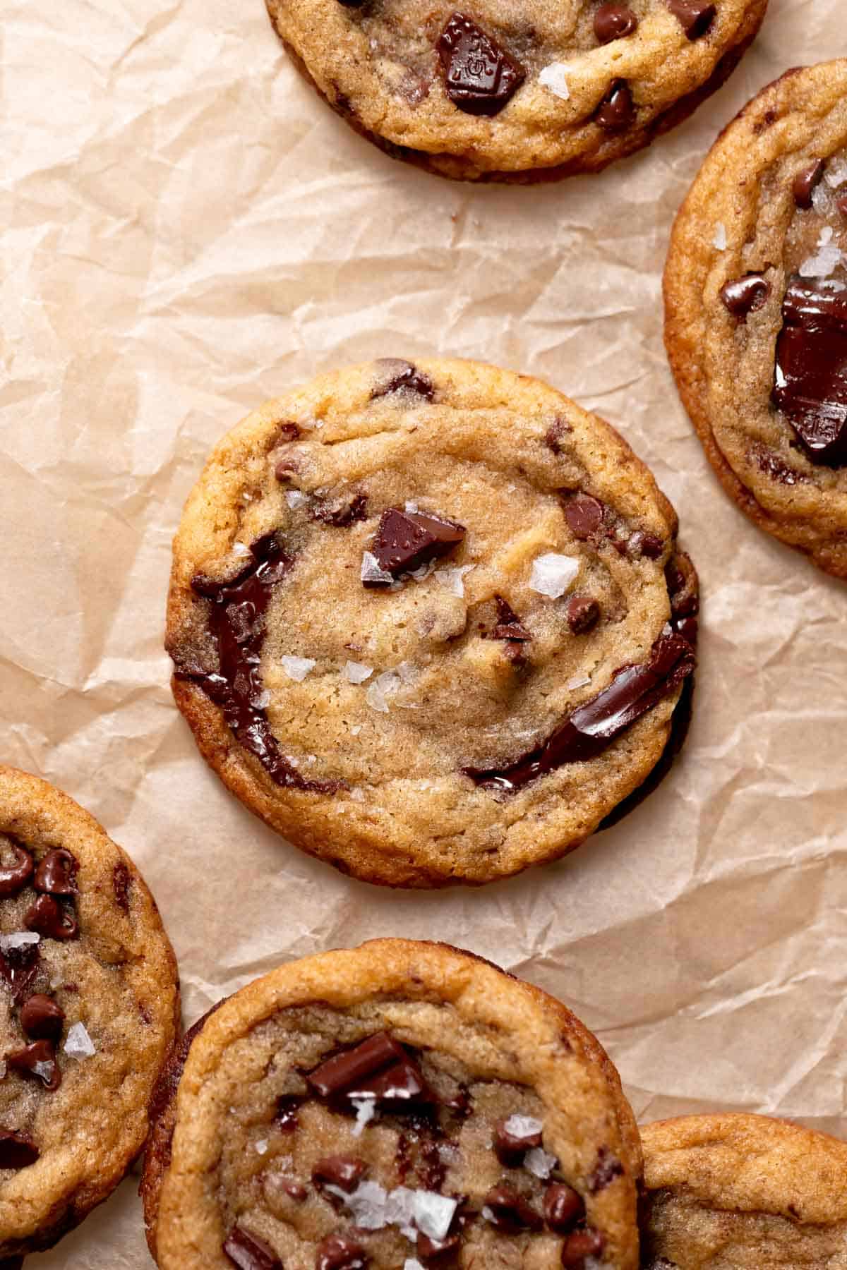 chocolate chip miso cookies on parchment paper.