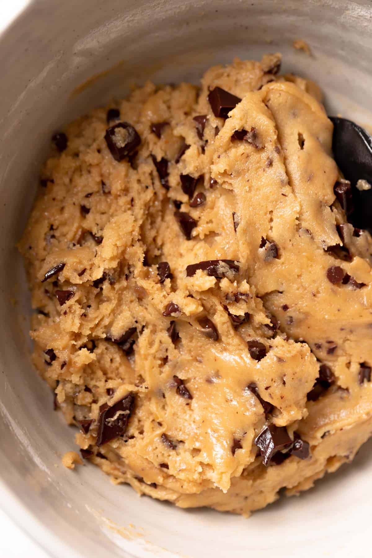 miso chocolate chip cookie dough in a mixing bowl.