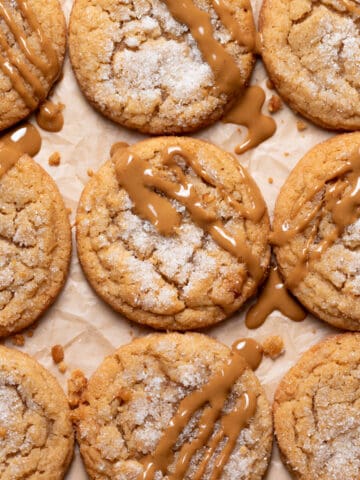 peanut butter miso cookies drizzled with peanut butter.