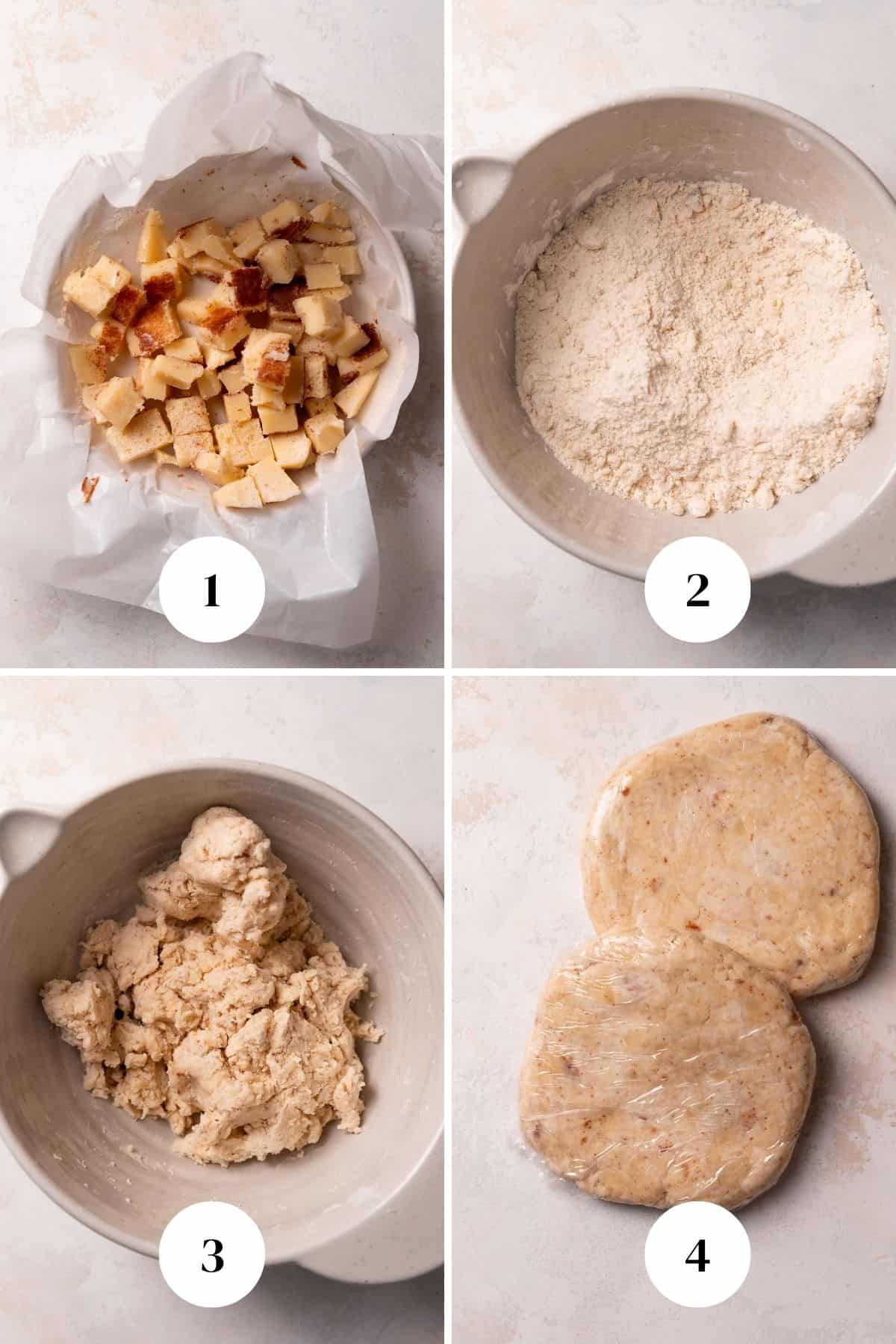 a process collage of the steps for making brown butter pie dough.
