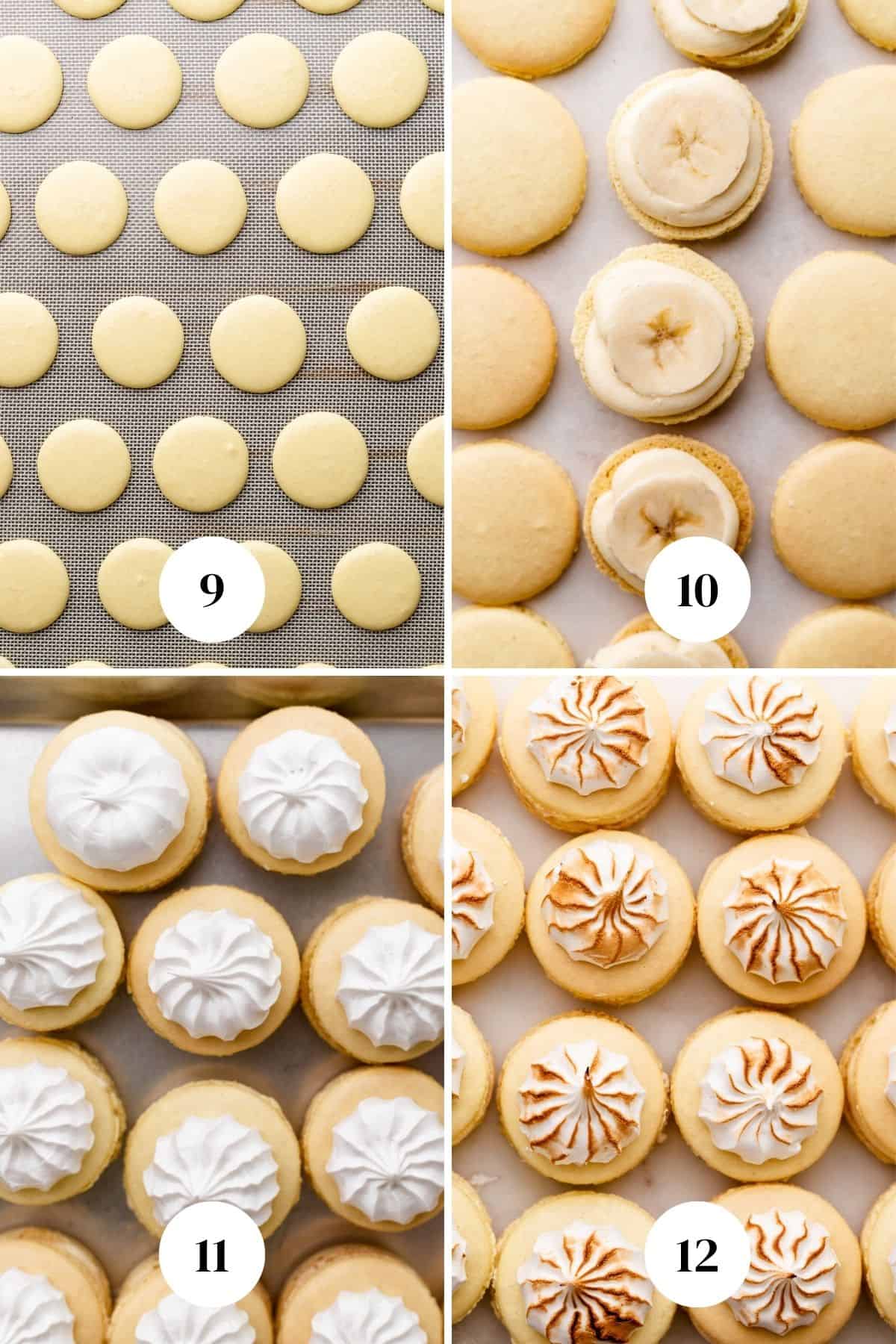 a process collage of the steps for assembling and filling banana macarons.