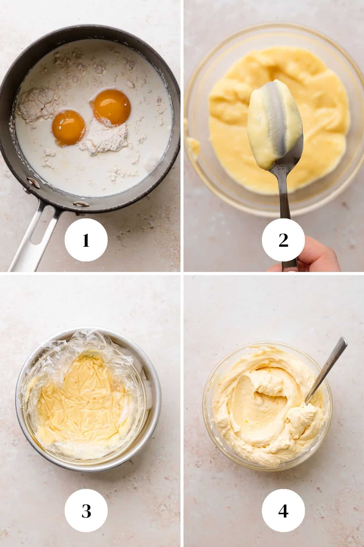 a process collage of the steps for making vanilla custard buttercream.