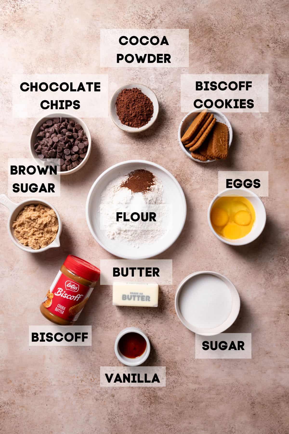 ingredients needed to make cookie butter brownies.
