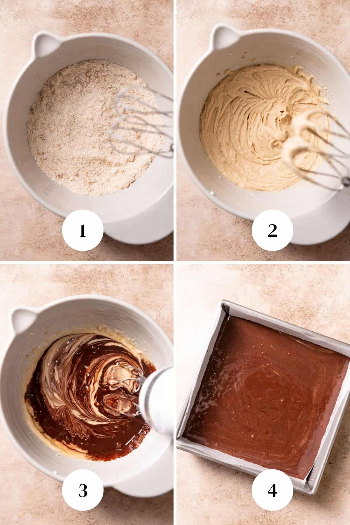a process collage of the steps for making the chocolate cake batter.