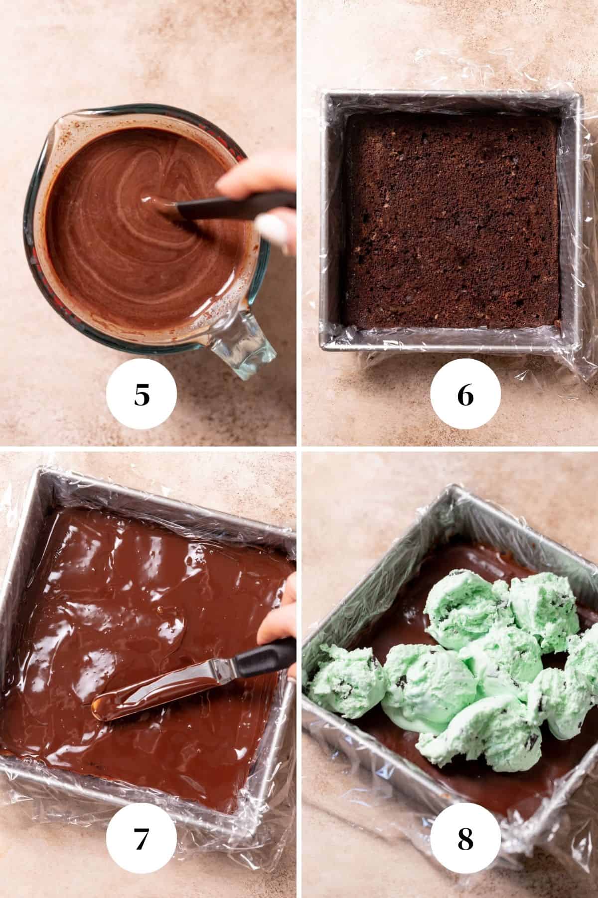 a process collage of the steps for layering the ice cream cake.