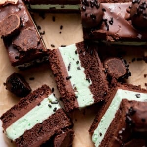 slices of mint chocolate chip ice cream cake on parchment paper.