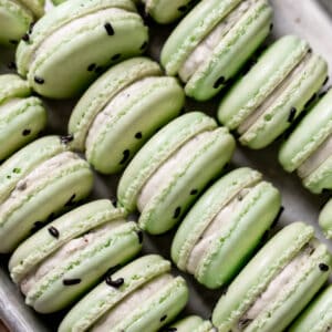 mint chocolate chip macarons on a baking tray.