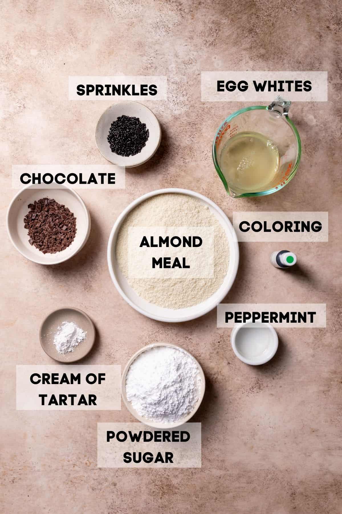 ingredients needed to make mint chocolate chip macarons.