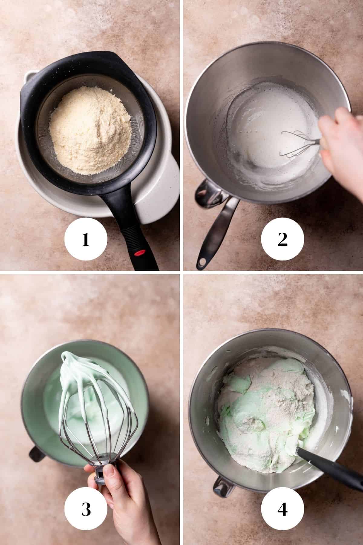 a process collage of the steps for making the swiss meringue.
